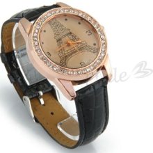 Quartz Movement Rose Gold Dial Wrist Watch Wristwatch Black Pu Watchband Lady