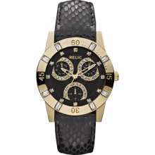 Relic Ladies' Gold-Tone Black Leather Watch with Round Black Multi-Dial and Crystal Accents