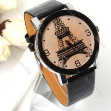 Retro Fashionable Eiffel Tower Pattern Leather Strap Dial Women's Quartz Watch