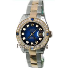 Rolex Datejust Ladies Steel & 18K Yellow Gold New Heavy Style Oyster Band Model 179163 w/ Custom Added Blue Vignette Diamond Dial and Sapphire Dial