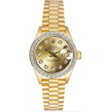 Rolex Women's President Yellow Gold Custom Diamond Bezel & Champagne Diamond Dial