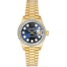 Rolex Women's President Yellow Gold Custom Diamond Bezel & Blue Diamond Dial