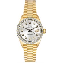 Rolex Women's President Yellow Gold Custom Diamond Bezel & Silver Diamond Dial