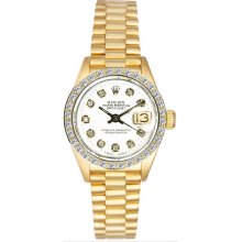 Rolex Women's President Yellow Gold Custom Diamond Bezel & White Diamond Dial