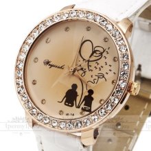 Romantic Love Crystal Case Woman Girl Wrist Watch Quartz Analog White Pu Leather