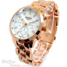 Rose Gold 3d Geneva Crystal Hours Mop Dial Oversized Boyfriend Watch