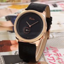 Rose Gold Case Men Women Sub Dial Second Bracelet Black Leather Quartz Watch