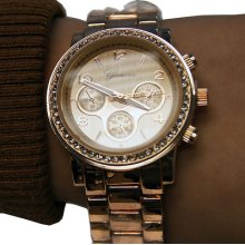 Rose Gold Geneva Ladies Designer Chronograph Rhinestone Boyfriend Style Watch