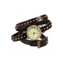 Round Studs Cow Leather Arabic Numbers Dial Bracelet Bangle Wrist Watch