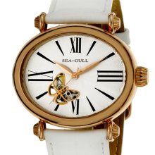 Sea Gull Mechanique Rose Gold Tone Watch With White Leather Strap & White Dial - White - Stainless Steel