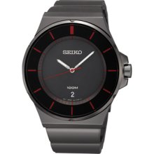 Seiko All Black With Red Accents Stainless Steel Mens Watch Sgeg25