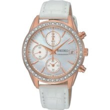 Seiko Chronograph Mother Of Pearl White Leather Strap Ladies Watch S