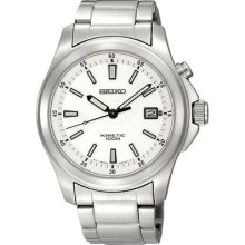 Seiko Kinetic Stainless Steel Water Resistant White Dial Mens Sports Watch