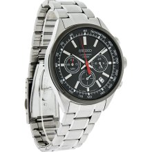 Seiko Mens Black Date Dial Quartz Chronograph Stainlees Steel Dress Watch SSB045