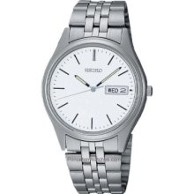 Seiko Mens Day Date Watch Silver-Tone Dial Stainless Steel SGF523
