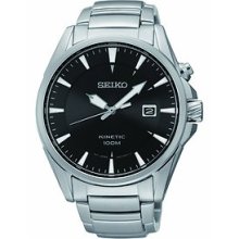 Seiko Mens Kinetic Analog Stainless Watch - Silver Bracelet - Black Dial - SKA565