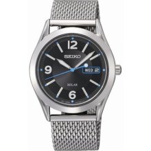 Seiko Sne233 Men's Watch Solar And Mesh Bracelet Black Dial Day And Date