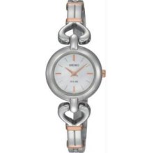 Seiko SUP139 Womens Rose Gold Two Tone Stainless Steel Quartz Solar Mother of Pearl Dial Heart Shape Hinges