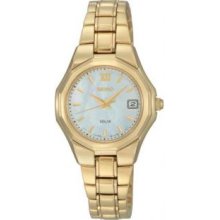 Seiko SUT062 Womens Gold Tone Stainless Steel Solar Mother of Pearl Dial