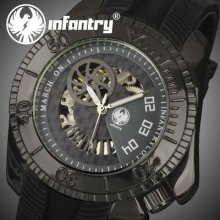 Semi Automatic Mens Army Sport Skeleton Mechanical Wrist Watch Black Rubber Gift