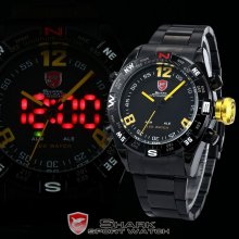 Shark Led Digital Date Day Black Dial Men Stainless Steel Sport Quartz Watch