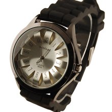 Silicone Band Modern Metal Fashion Dial Quartz Women Men Casual Watch - Black