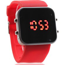 Silicone Band Women Men Jelly Unisex Sport Style Square Mirror LED Wrist Watch - Red