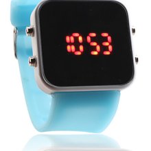 Silicone Band Women Men Jelly Unisex Sport Style Square Mirror LED Wrist Watch - Light Blue