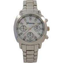 Silver And White Pearl Dial With Crystals Geneva Watch For Women