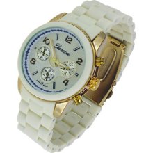Silver Face White Rubber Bezel & Link Clipper Bracelet Watch Gold