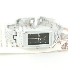 Silver Ladies Womens Stainless Steel Rectangle Quartz Wrist Watch Black