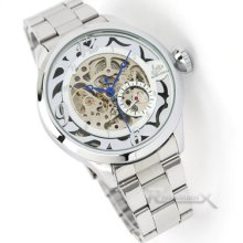 Silver+white Dial Skeleton S/steel Self-winding Mechanical Mens Sport Watch Gift