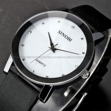 Sinobi Fashion Crystal White Dial Men Quartz Black Leather Watch Dailyetrade