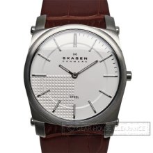 Skagen Denmark Mens Dress Watch Silver Face Dial Leather Band - $115 Msrp