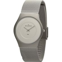 Skagen Denmark Mens Silver Dial Slim Mesh Matte Stainless Steel Bracelet Watch