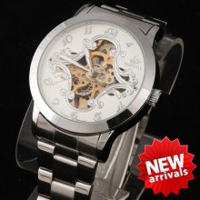 Skeleton Classic Men's Wrist Watch Auto Mechanical Silver Steel Stainless