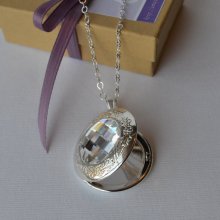 Sophia Locket - Silver Etched Locket Adorned with Chessboard Swarovski Crystal Stone - Your Custom Photo Placed Inside Sophia Locket - Silver Etched Locket Adorned with Chessboard Swarovski Crystal Stone - Your Custom Photo Placed Inside