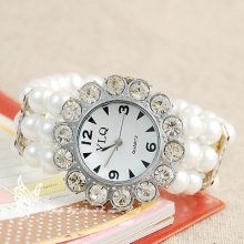 Sparking Mosaic Crystal Big Flower Pearl Bracelet Style Women Quartz Watch