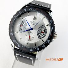 Sport Men's White Dial Automatic Mechanical Leather Calendar Wrist Watch