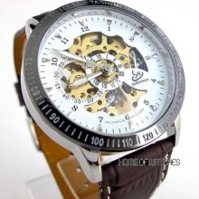 Sport Style Mens Analog Hollow Skeleton Automatic Mechanical Leather Wrist Watch