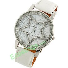 Star Design Dial + Rhinestone Ladies Leather Band Watch