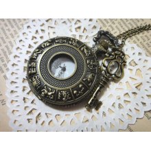 Steampunk Key bronze Constellation pocket watch clock necklace pendant