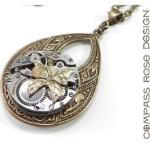 Steampunk Necklace, Victorian Revival Gold Butterfly, Teardrop Mechanical Watch Movement Pendant, Steam Punk Jewelry