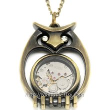 Steampunk Owl Necklace, Vintage Mechanical Watch Movement, Steampunk Watch Jewelry