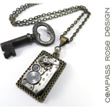 STEAMPUNK Pendant - Clockwork Square - Upcycled Brass Watch Necklace - 6 Jewel Olympic Watch Pendant