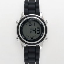 Studio Time Silver Tone Black Silicone Digital Chronograph Watch
