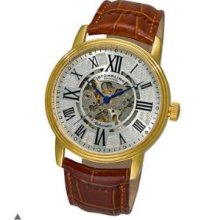 Stuhrling Original 1077.3335K2 Mens Classic Delphi Venezia Automatic Skeleton with Gold Tone Case on Brown Leather Strap and Silver Dial