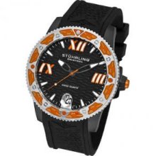 Stuhrling Original 225G.33561 Mens Round Watch on a Black Case and Black Rubber Strap Black Dial and Orange Bezel