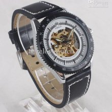Style Black Rim Automatic Mechanical Watch Men Black Leather Skeleto