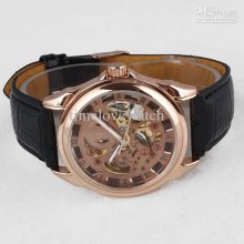 Style Rose-golden Case Dial Automatic Mechanical Watch Black Leather